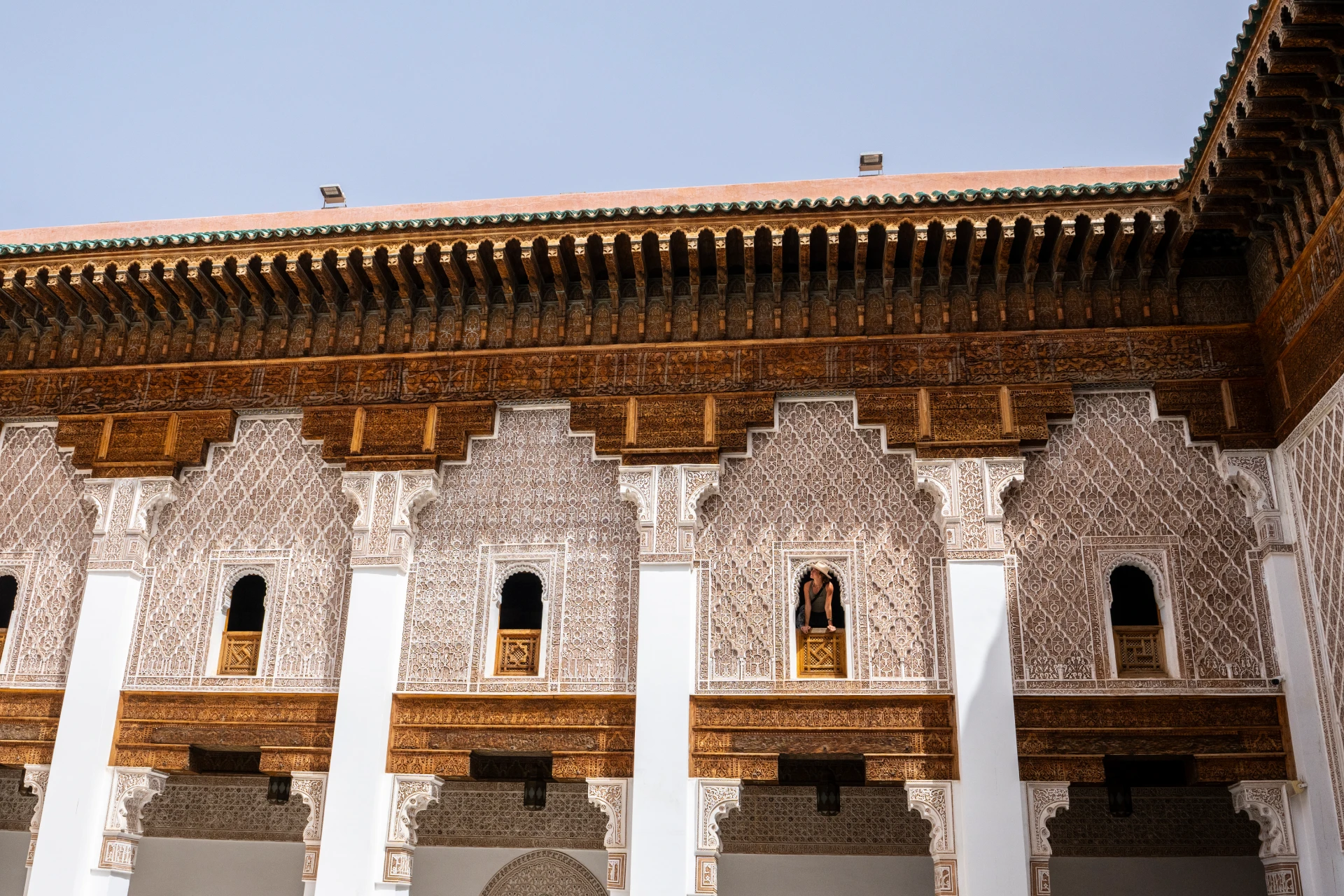 Carved cedar and stucco around the Ben Youssef Madrasa courtyard, Marrakech
