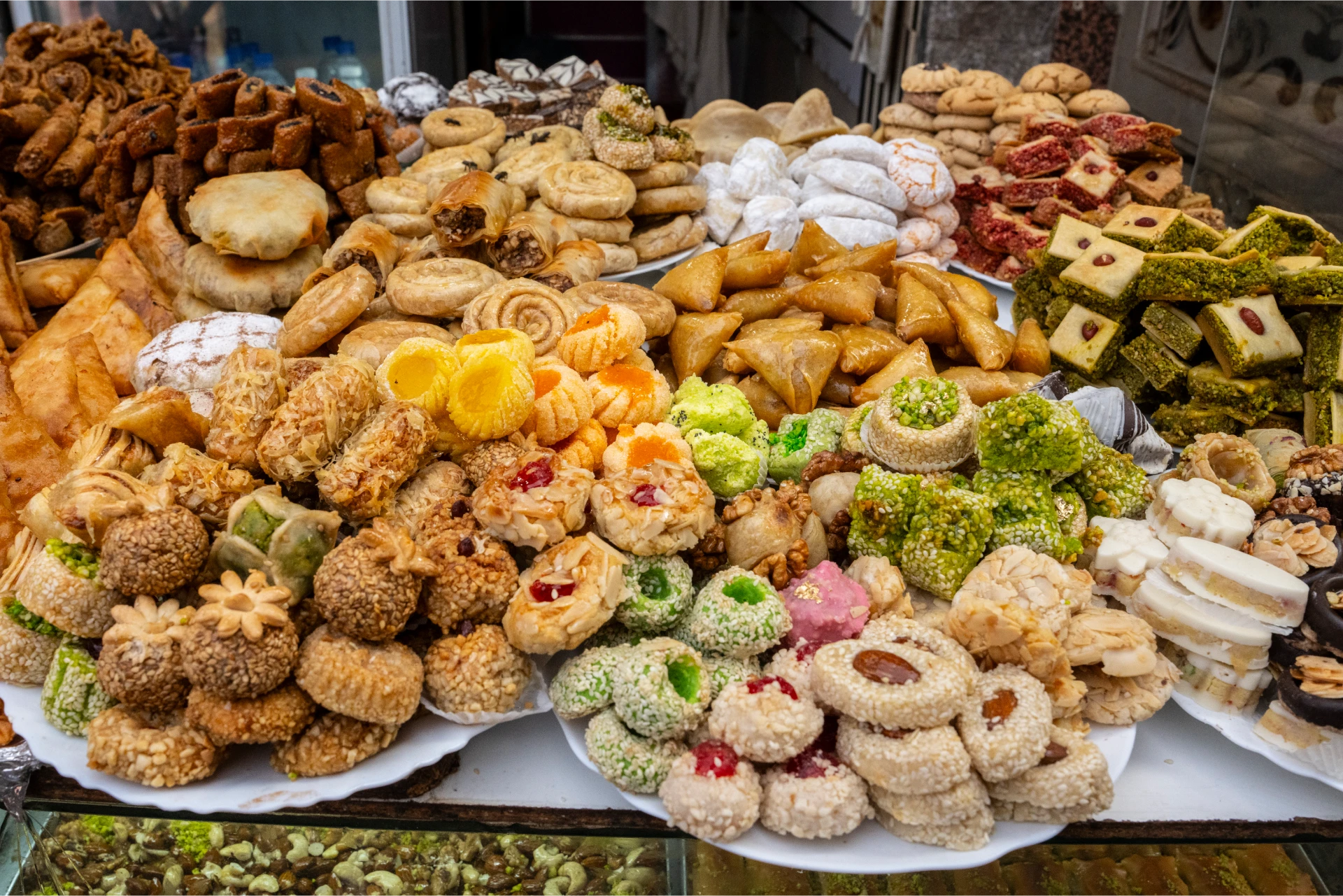 Moroccan pastries on a market tray