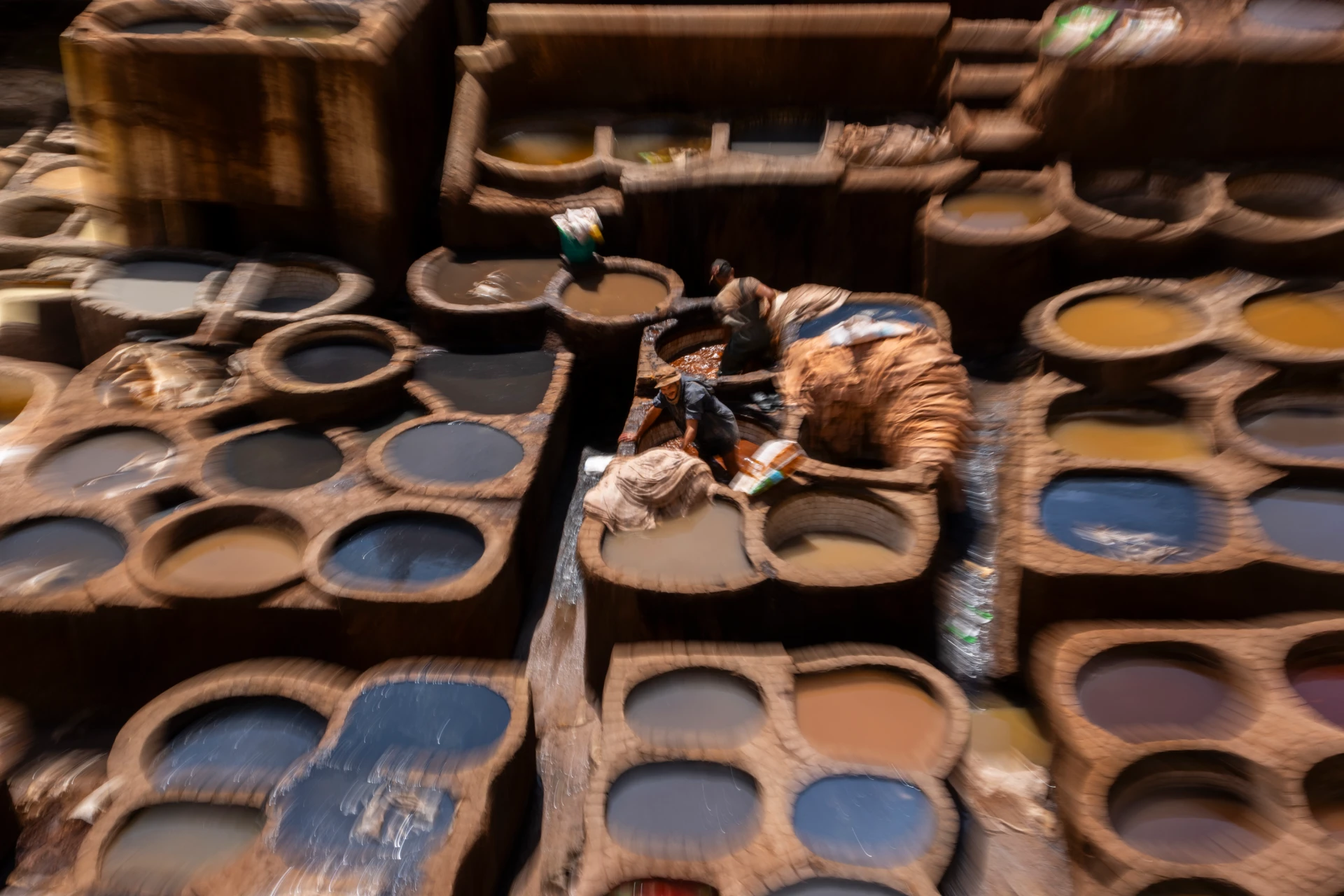 Dye vats at the Chouara tannery in the Fes medina