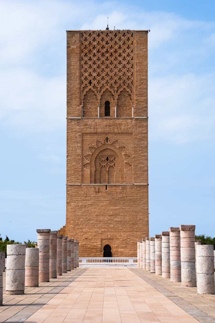 The unfinished Almohad Hassan Tower in Rabat with the remains of its columns