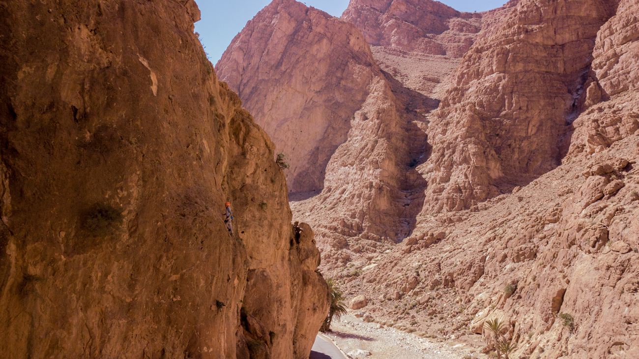 Sheer canyon walls of a gorge on the southern side of the High Atlas